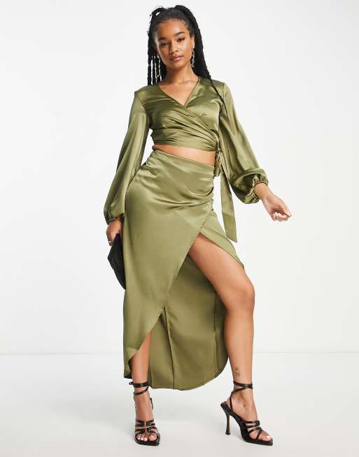 Olive Wrap Style Long Maxi Skirt