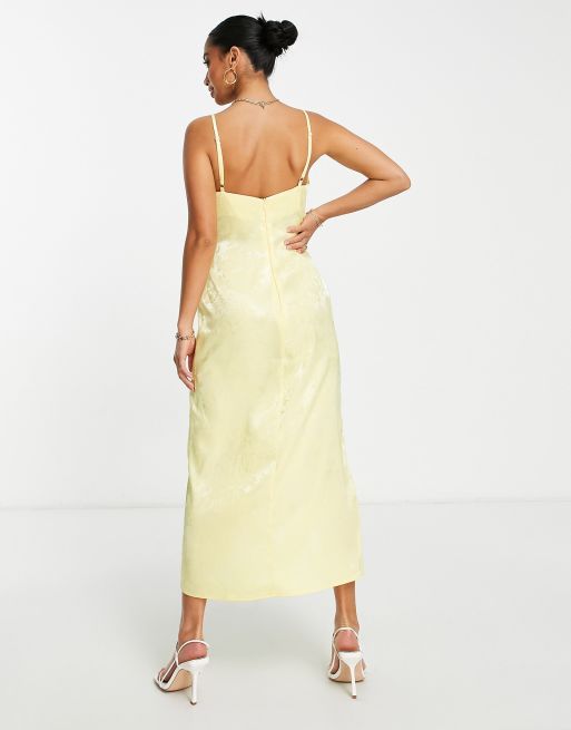 Flounce London Petite satin knotch wrap midi dress in yellow floral jacquard