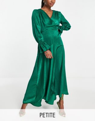 Flounce London Petite satin long sleeve midi dress in emerald-Green