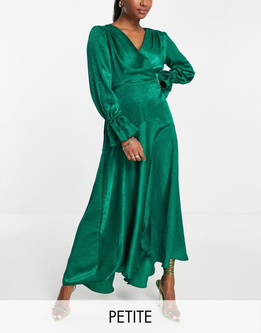 Flounce London Petite satin long sleeve wrap maxi dress in sage, ASOS