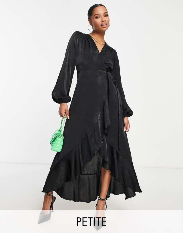 Flounce London Petite satin long sleeve wrap maxi dress in black