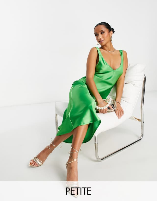 Flounce London Petite satin midi cami dress in bold green