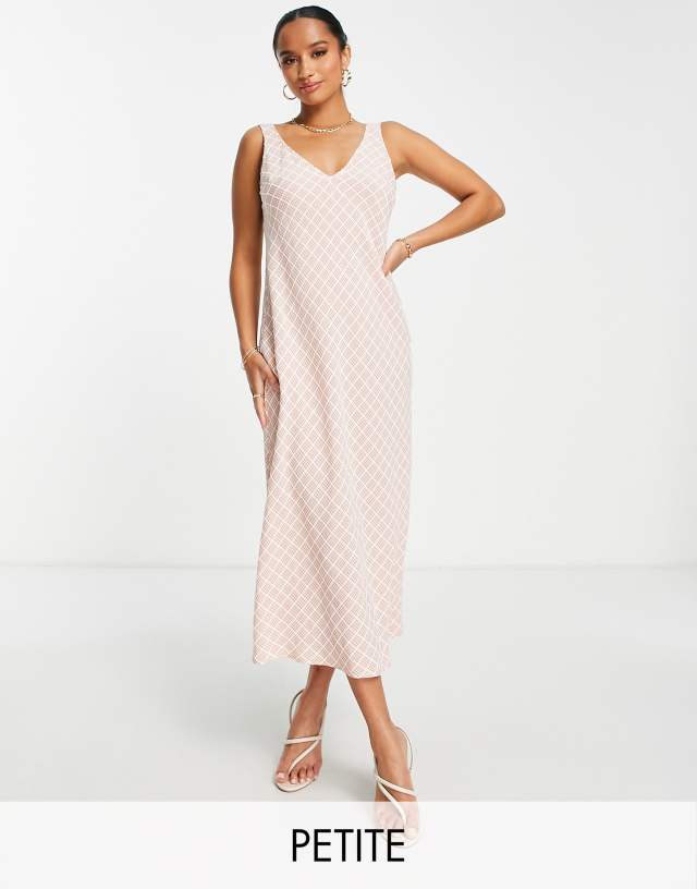 Flounce London Petite satin midi cami dress in pink and white check