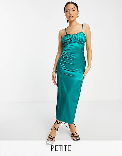 Flounce London Petite satin midi dress with ruched cup detail in teal 