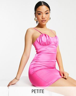 Flounce London Petite satin  mini dress with ruched cup detail in hot pink