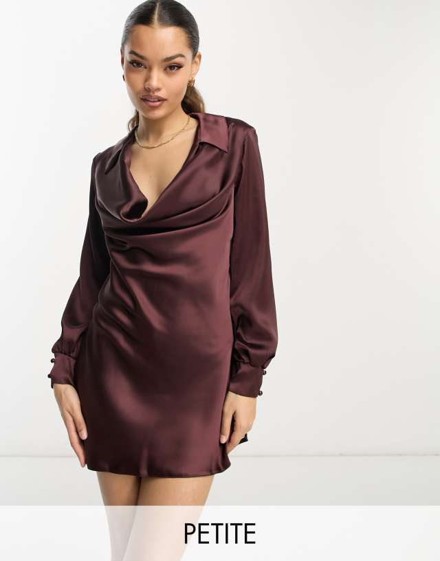 Flounce London Petite satin mini shirt dress in midnight brown