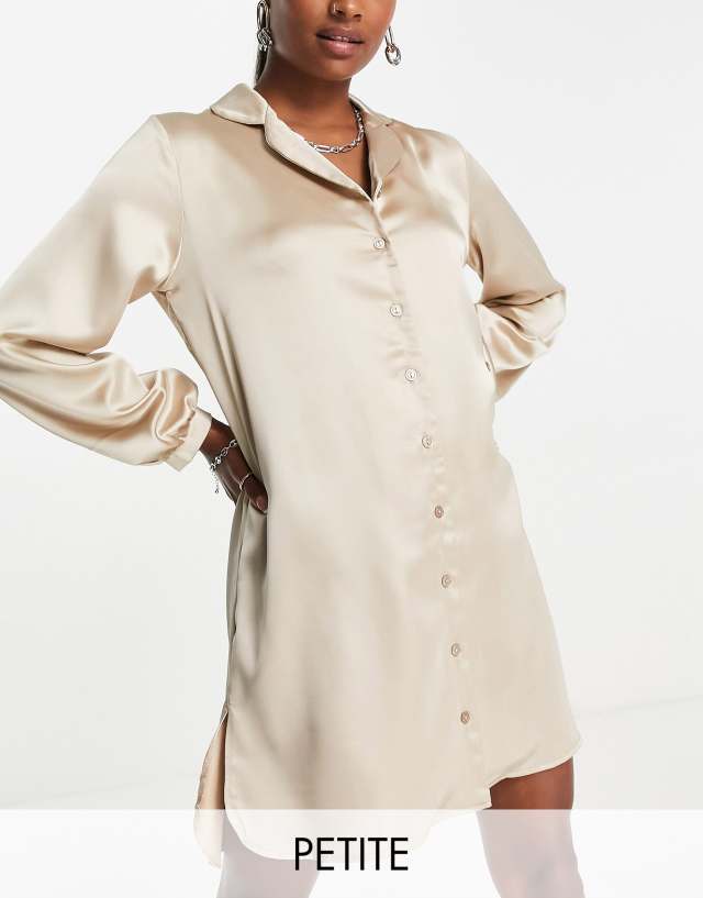 Flounce London Petite satin mini shirt dress in mink