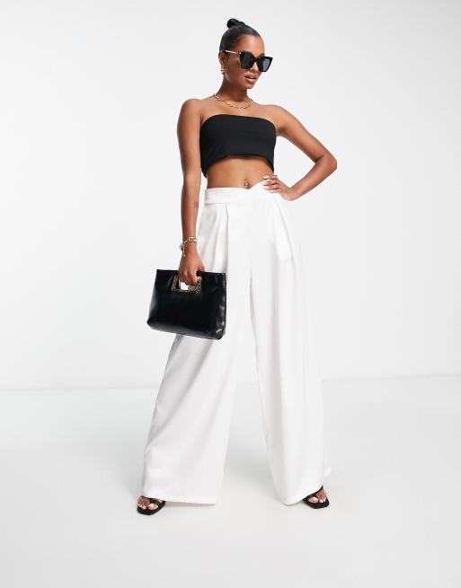 Flounce London Petite satin pleated wide leg pants in ivory