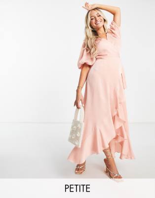 ASOS DESIGN Maternity embellished plunge mini dress in blush with blouson  sleeve-Pink