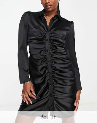 Flounce London Petite satin ruched bodycon mini shirt dress in black  - ASOS Price Checker