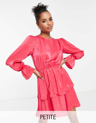 Flounce London Petite satin tiered mini dress in bright pink-Orange