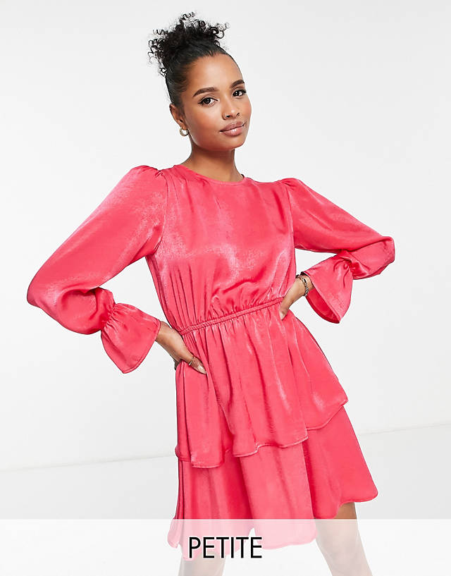 Flounce London Petite - satin tiered mini dress in bright pink