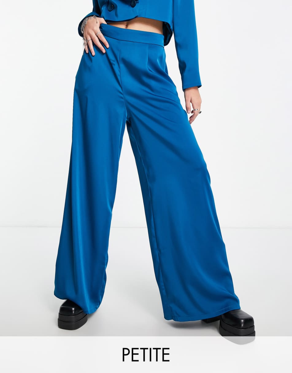 Flounce London Petite satin wide leg trousers in aqua co-ord