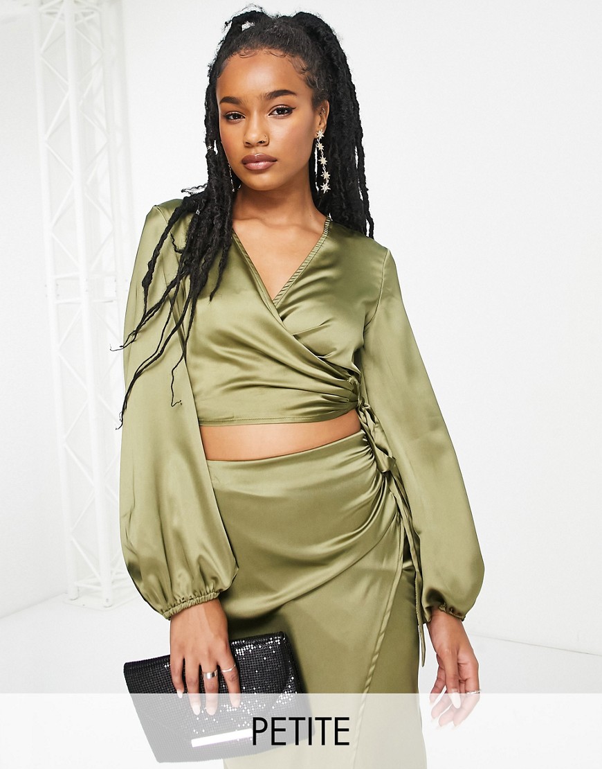 Flounce London Petite satin wrap front cropped blouse with balloon sleeves in olive - part of a set-Green