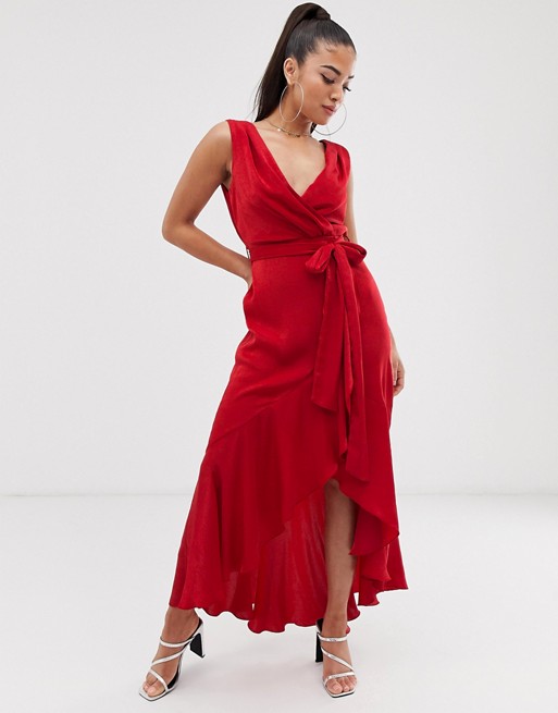 Flounce London Petite satin wrap front midaxi dress in tomato red