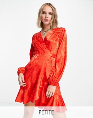 Flounce London Petite satin wrap front mini dress with balloon sleeve in red floral jacquard  - ASOS Price Checker
