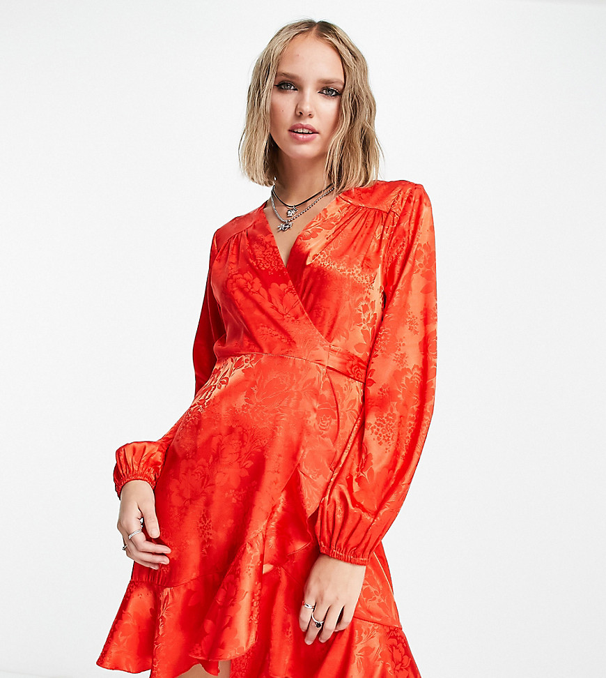 Flounce London Petite Satin Wrap Front Mini Dress With Balloon Sleeve In Red Floral Jacquard