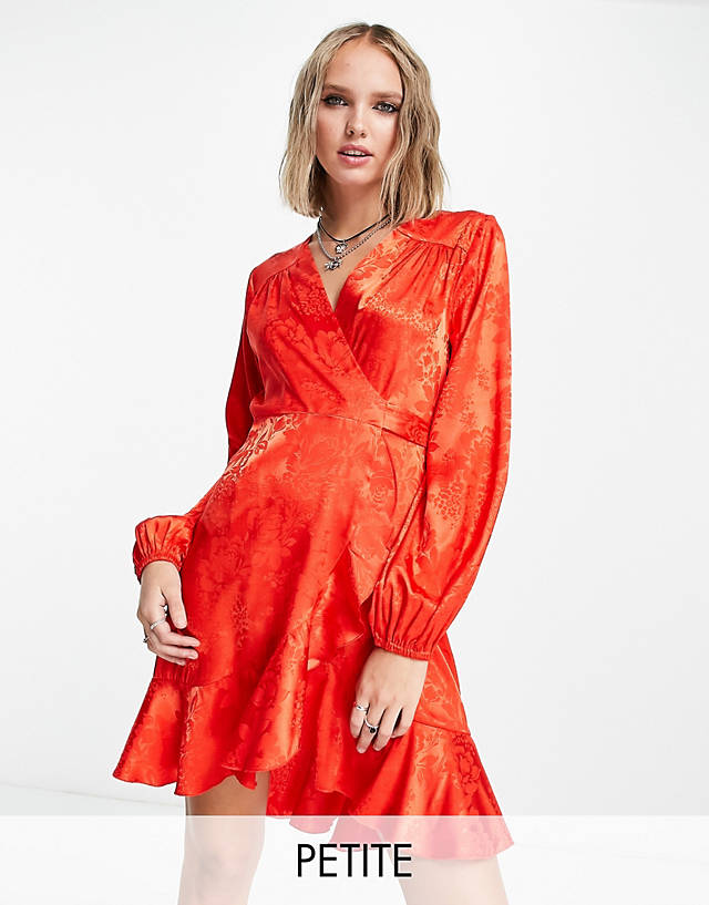 Flounce London Petite satin wrap front mini dress with balloon sleeve in red floral jacquard