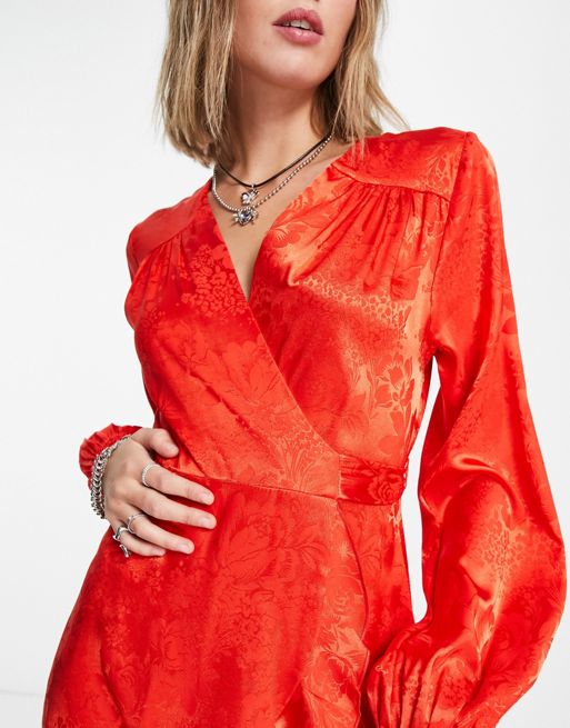 Flounce London satin wrap front mini dress with flutter sleeves in red
