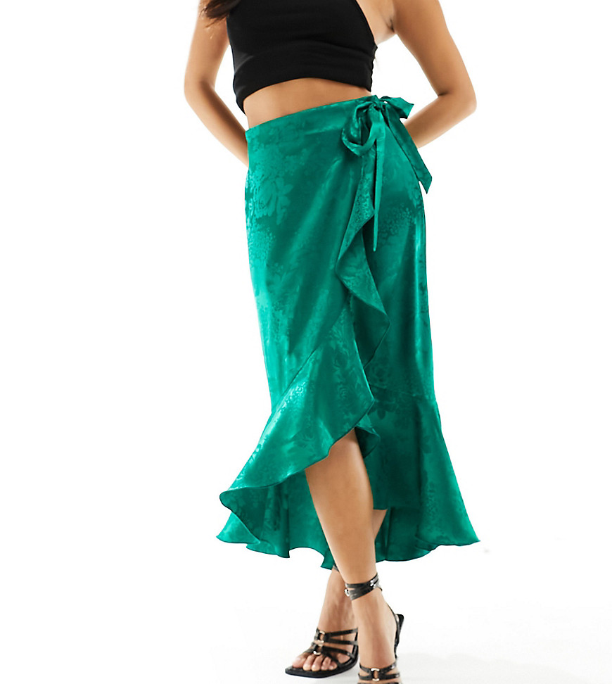 satin wrap midaxi skirt in emerald green