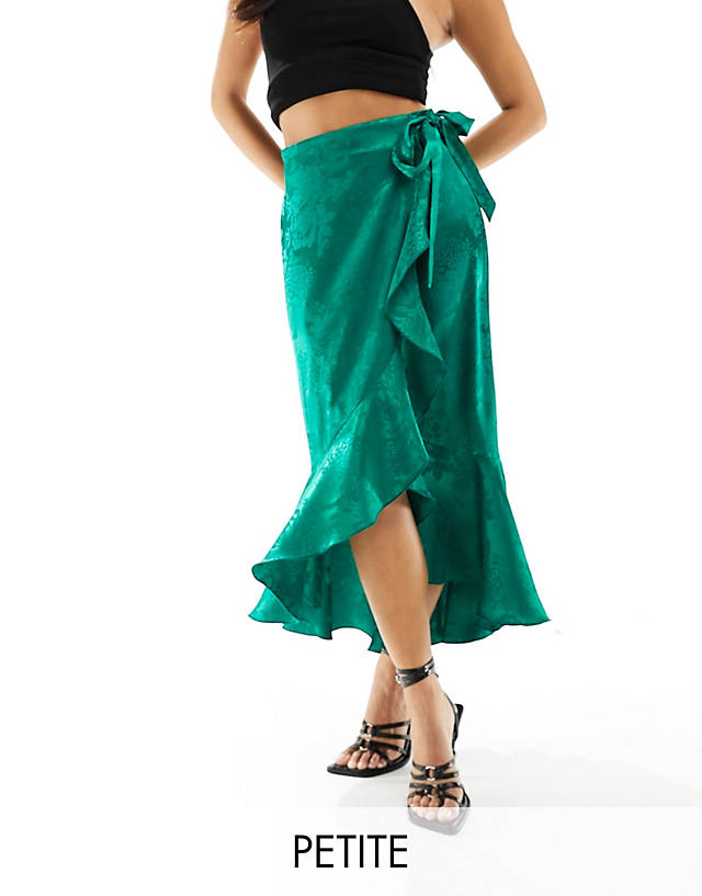 Flounce London Petite - satin wrap midaxi skirt in emerald green