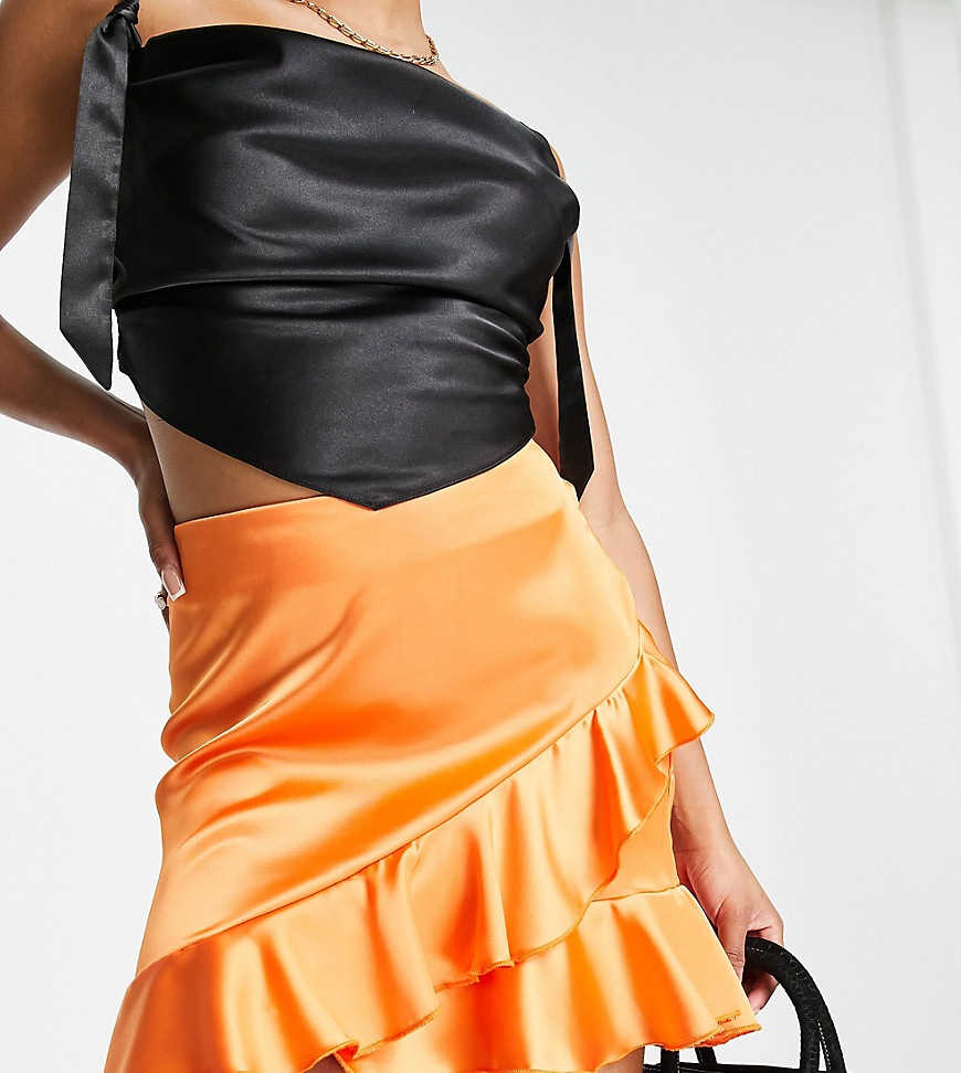 Flounce London Petite satin wrap mini skirt in orange