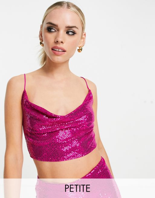 Flounce London Petite sequin crop top and mini skirt set with cowl neck in  pink