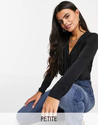 Flounce London Petite - Stramtsiddende basis-bodystocking i sort med slå-om-detalje