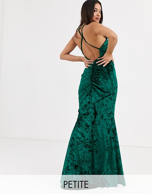 Flounce London Petite velvet high neck maxi dress with cross back in emerald