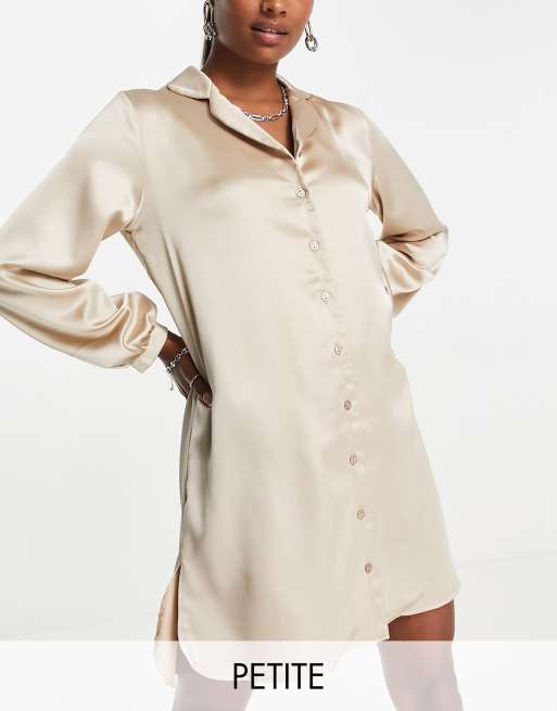 Flounce London Petite - Vestito camicia corto in raso color visone 