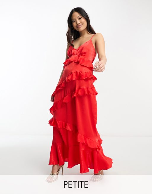 Flounce London Petite - Vestito lungo con spalline sottili e volant, colore rosso