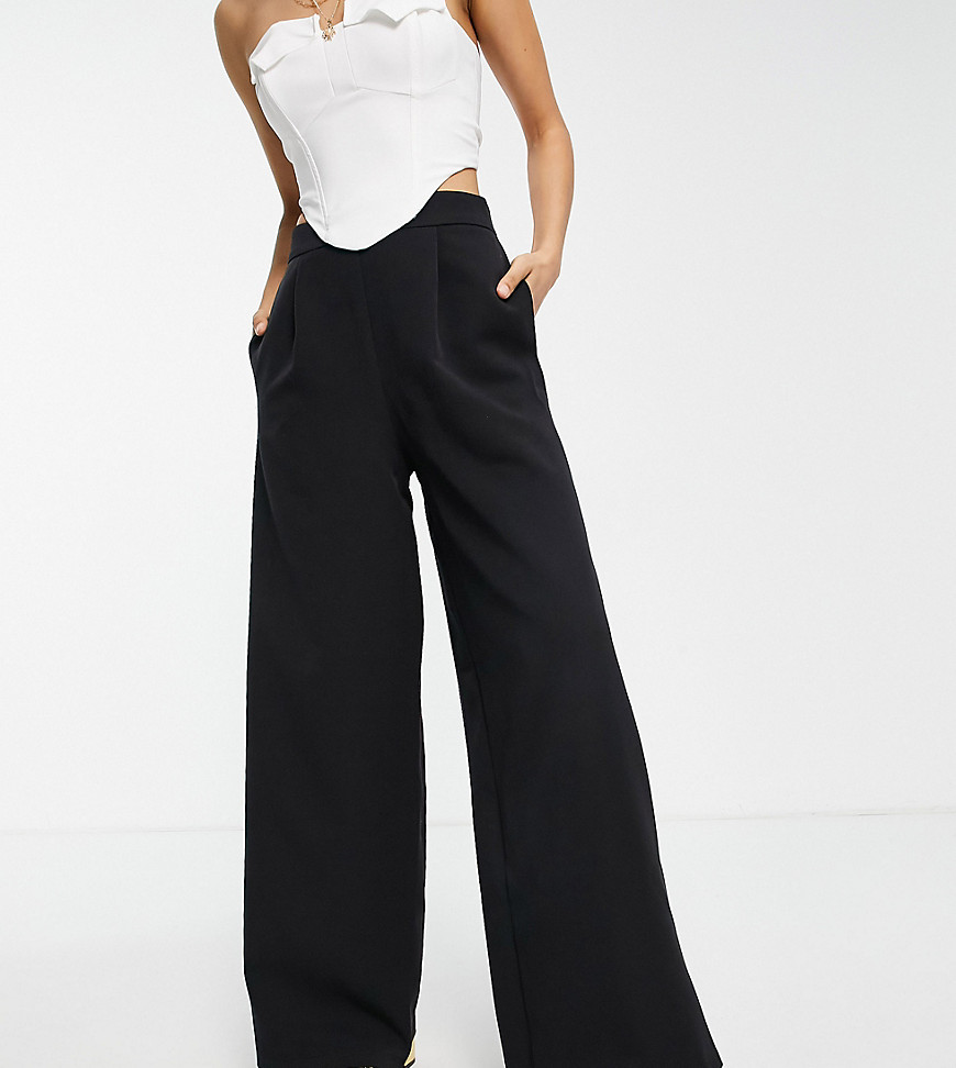 Flounce London Petite wide leg pants with pleated front in black