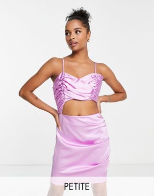 Flounce London Petite satin wrap bust mini dress with cut out in lilac