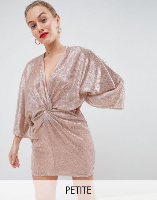 Flounce London Petite wrap front kimono mini dress in rose gold ...