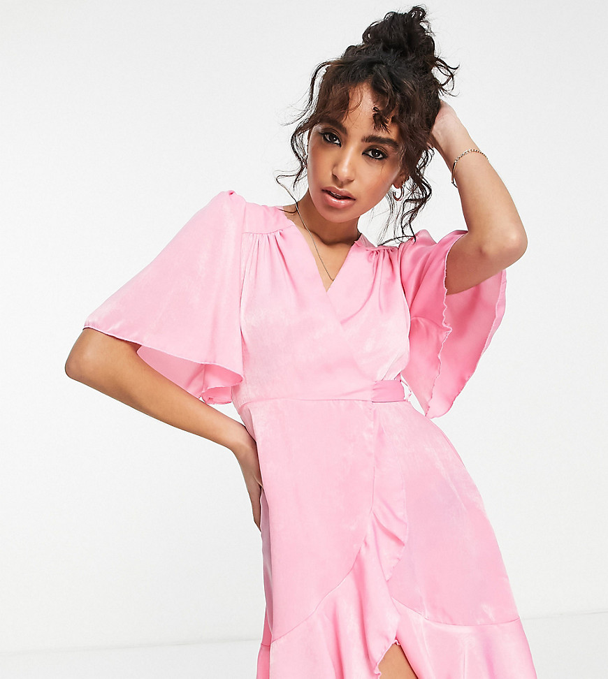 Flounce London Petite wrap front mini dress with flutter sleeves in pink satin