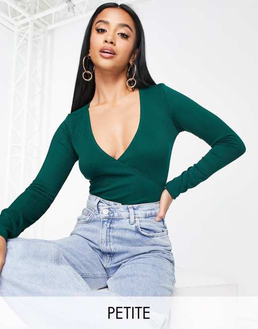 Flounce London Petite wrap ribbed body in bottle green | ASOS