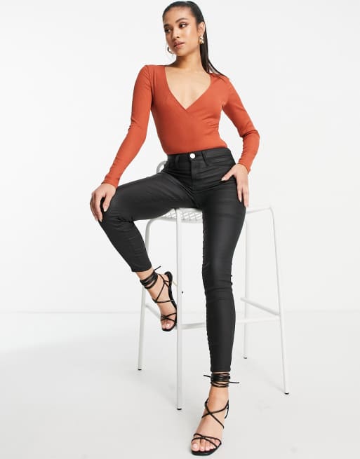 Flounce London Petite wrap ribbed body in rust, 4 of 4