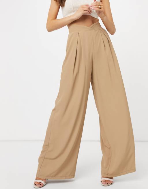 Flounce London pleated wide leg pants in camel ASOS