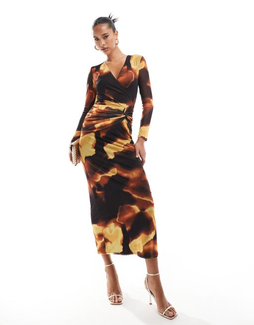 Flounce London plunge front mesh maxi dress with twist front in brown print