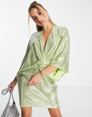 Flounce London plunge front mini dress with drop sleeves in lime metallic sparkle