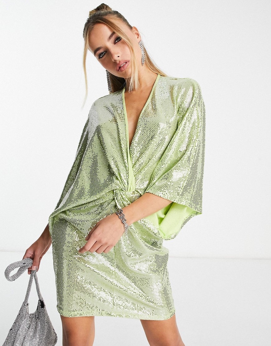 Flounce London Plunge Front Mini Dress With Drop Sleeves In Lime Sequin-green