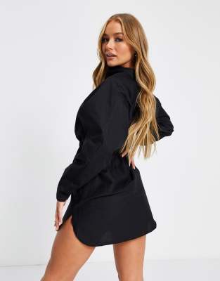 black plunge ruched shirt dress