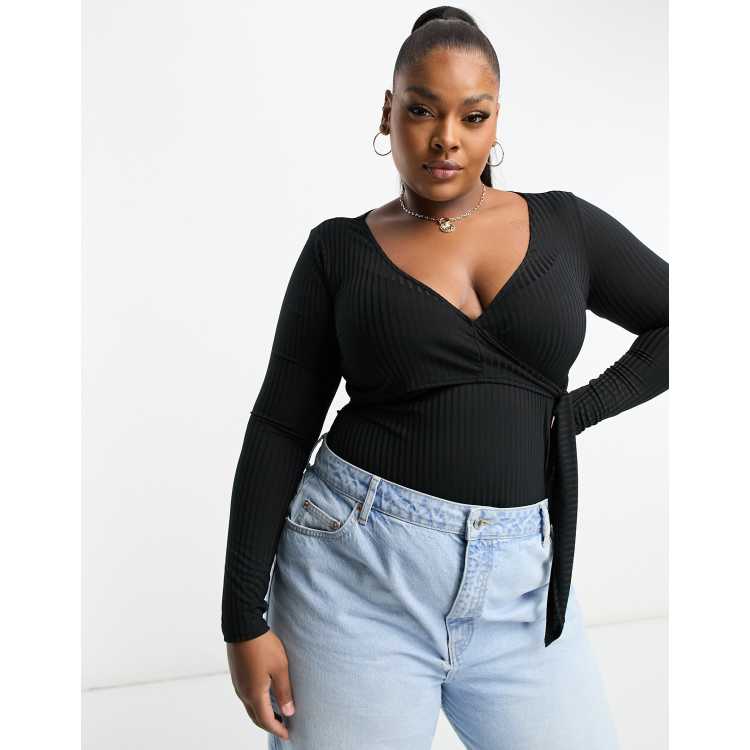 Flounce London Plus ballet wrap ribbed body with long sleeves in black ASOS