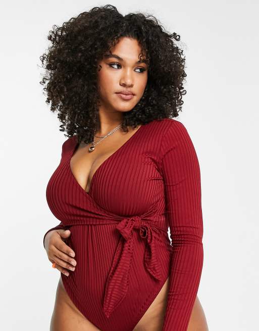 Flounce London Plus ballet wrap ribbed bodysuit in berry