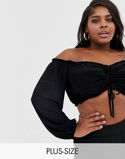 Flounce London Plus bardot crop top with ruched detail in black