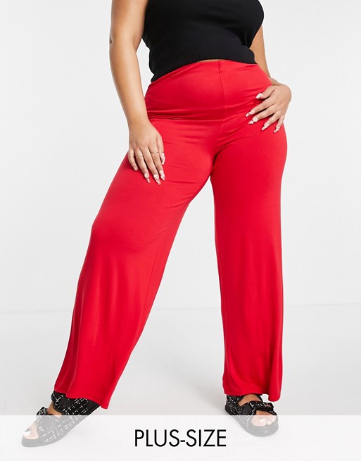 Flounce London Plus basic high waisted wide leg trousers in red