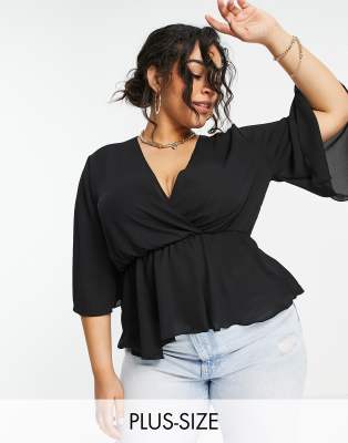 Flounce London Plus Basic Plunge Peplum Top With Sleeve In Black