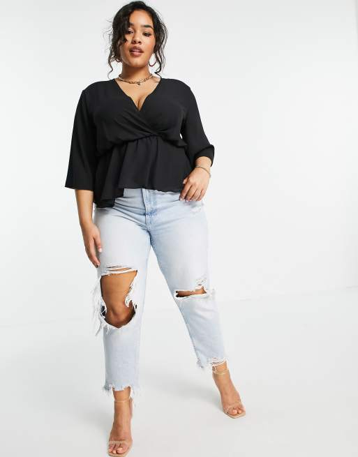 Flounce London Plus basic plunge peplum top with sleeve in black, 2 of 4