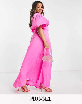 Flounce London Plus flutter sleeve maxi dress with plunge front in hot pink satin