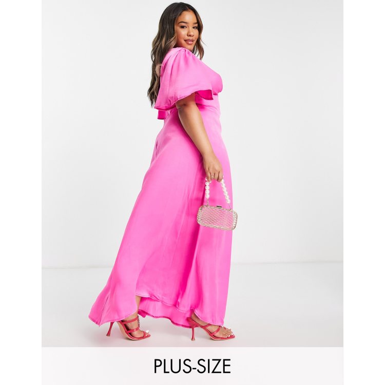 Flounce London Plus flutter sleeve maxi dress with plunge front in hot pink  satin